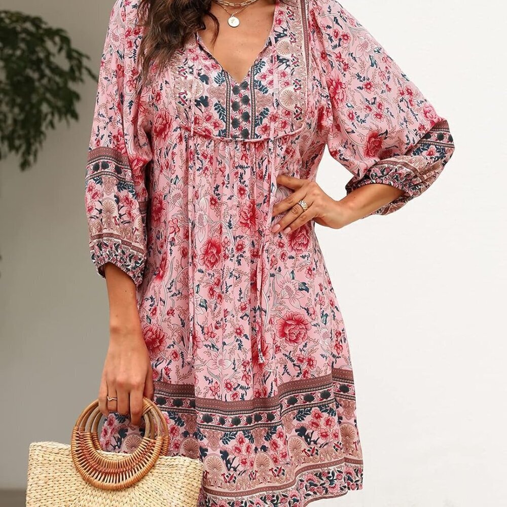 Womens Boho Summer Dress Rayon Floral Print V Neck 3/4 Sleeves Mini Beach Wear - Picture 2 of 5